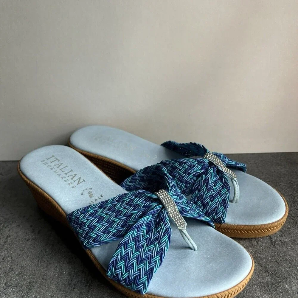 Italian Shoemakers Mixed Blue Rhinestone Sparkle Thong Wedge Sandals Size 9.5 M - Picture 10 of 16